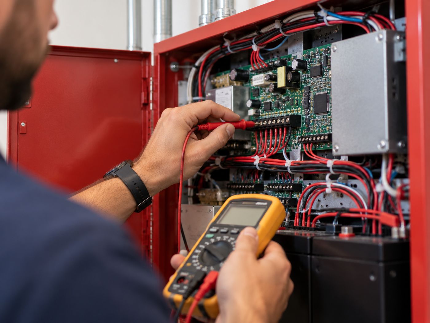 Technician working on a fire alarm panel