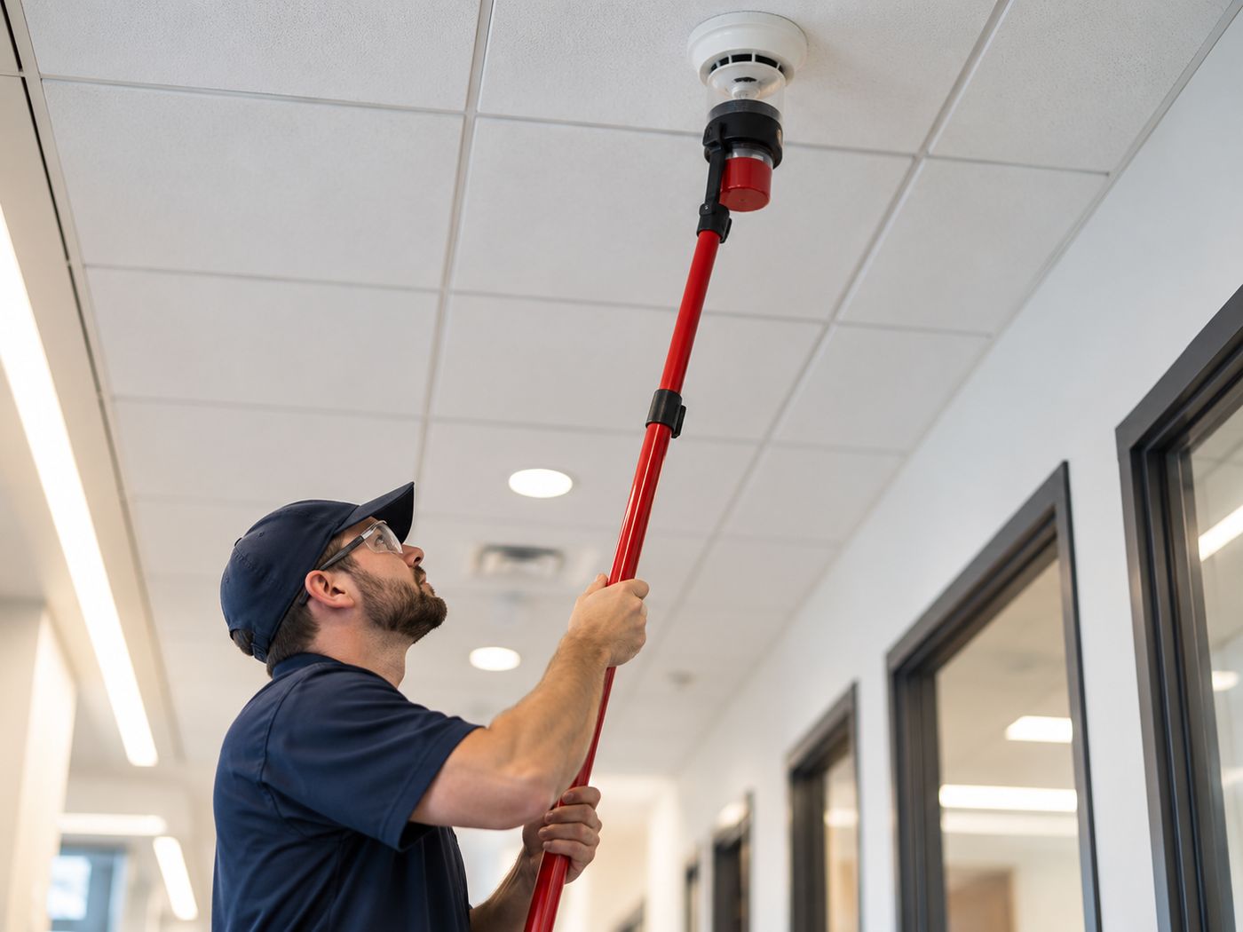 Technician testing a ceiling smoke detector